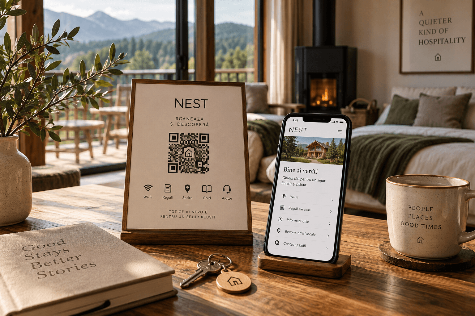 Ghidul digital NEST, tipărit lângă un telefon, pe masa unei cazări montane